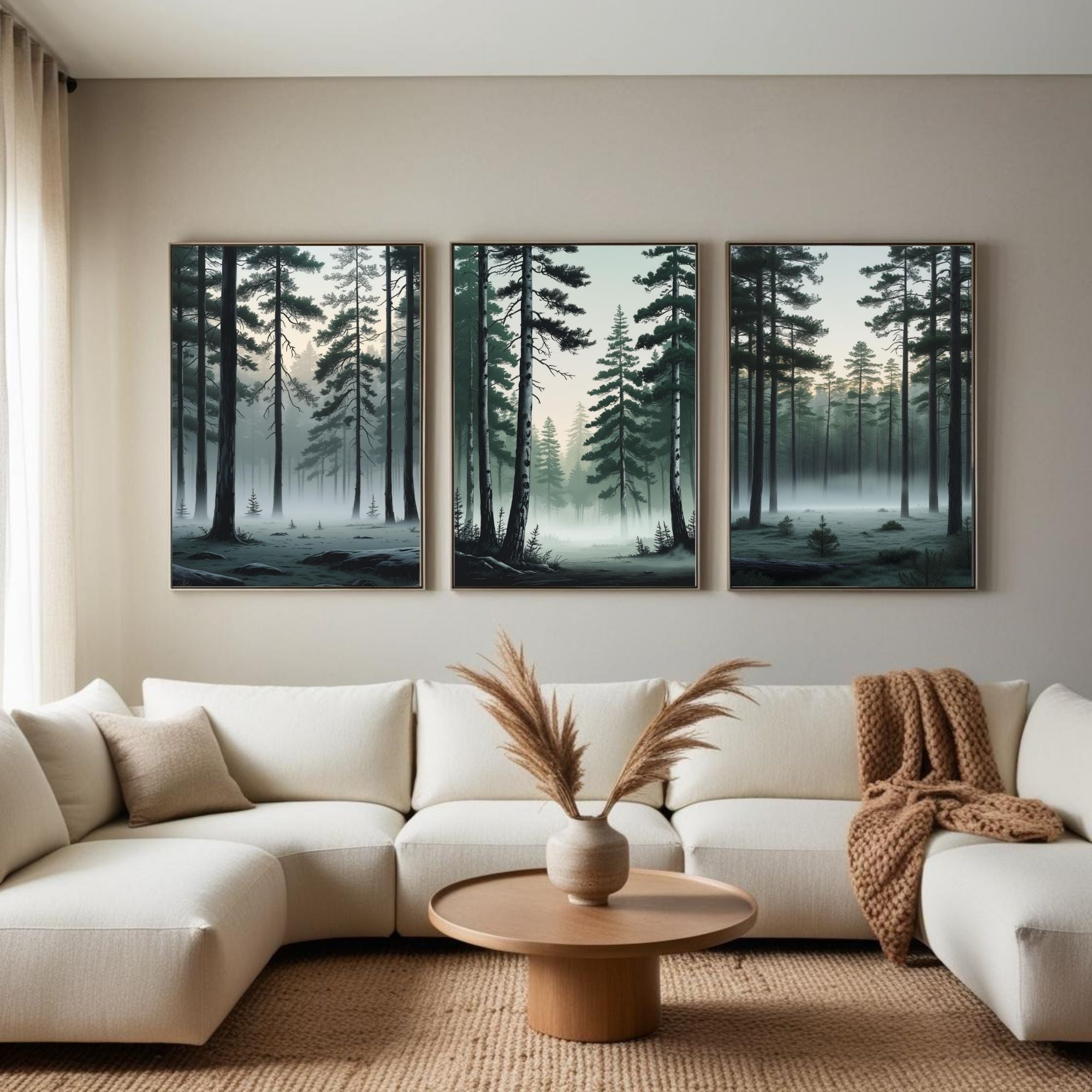 Misty Pine Forest Wall Art Set of 3 | Foggy Woodland Prints | Scandinavian Nature Decor | Evergreen Forest Artwork | Digital Download