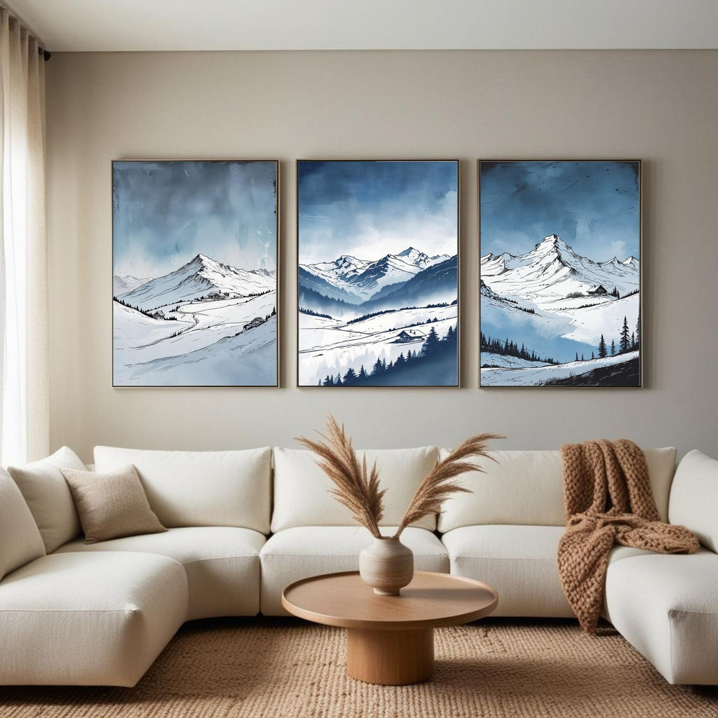 Winter Mountain Landscape Wall Art Set of 3 | Snowy Alpine Prints | Scandinavian Nature Decor | Digital Download