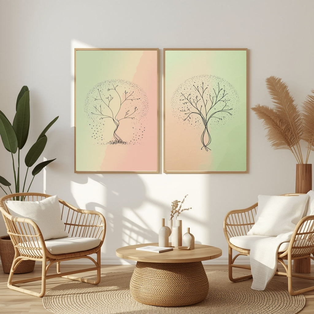 Minimalist Tree Wall Art Set of 2 | Abstract Botanical Tree Prints | Pastel Green & Blush Pink Decor | Scandinavian Nature Art | Modern Organic Wall Decor | Digital Download