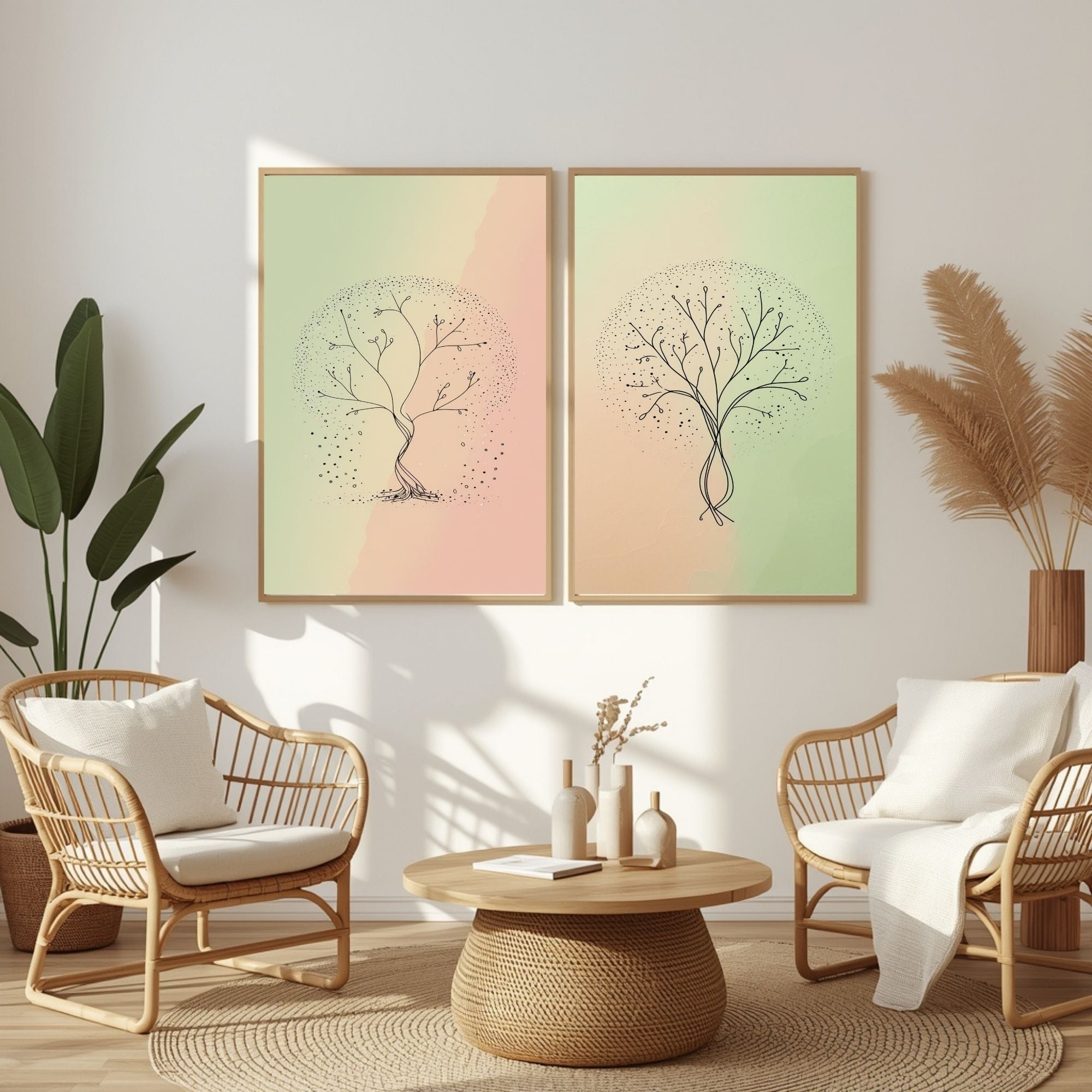 Minimalist Tree Wall Art Set of 2 | Abstract Botanical Tree Prints | Pastel Green & Blush Pink Decor | Scandinavian Nature Art | Modern Organic Wall Decor | Digital Download