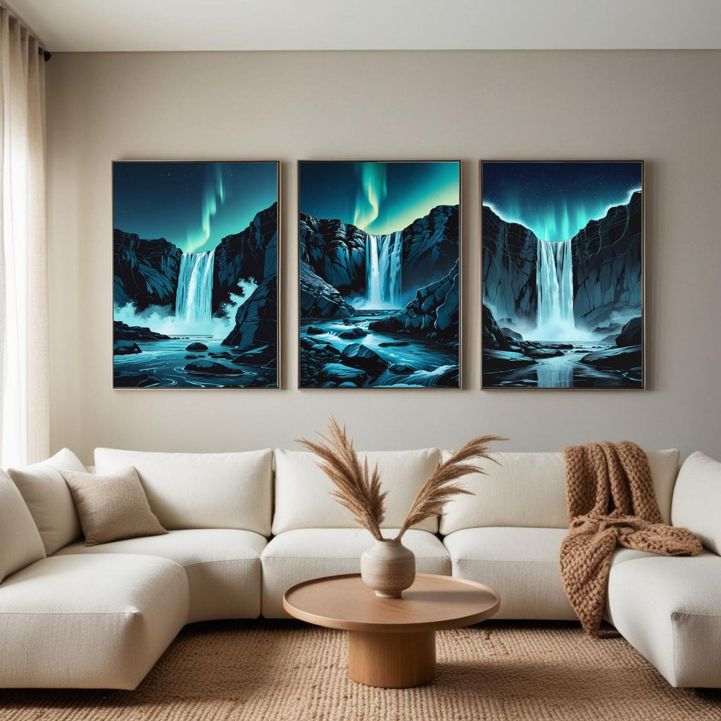 Aurora Waterfall Wall Art Set of 3 | Northern Lights Waterfall Prints | Nordic Nature Landscape Decor | Digital Download