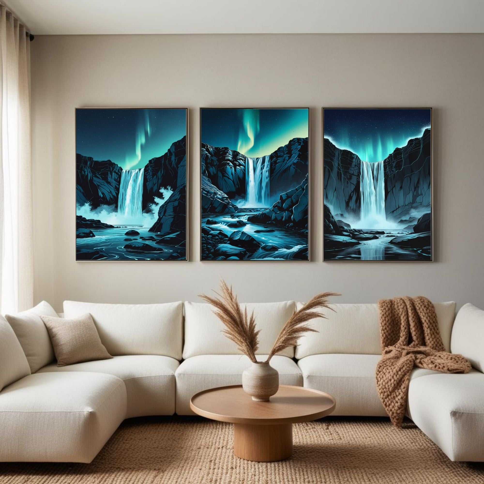 Aurora Waterfall Wall Art Set of 3 | Northern Lights Waterfall Prints | Nordic Nature Landscape Decor | Digital Download