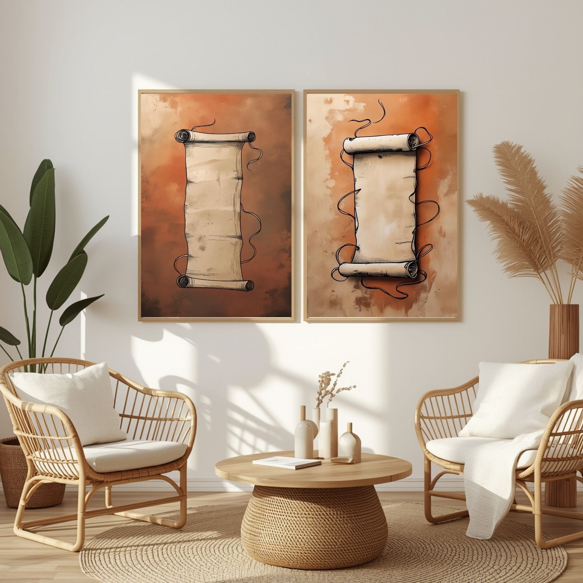 Vintage Scroll Wall Art Set of 2 | Printable Boho Wall Decor | Neutral Beige Art Prints