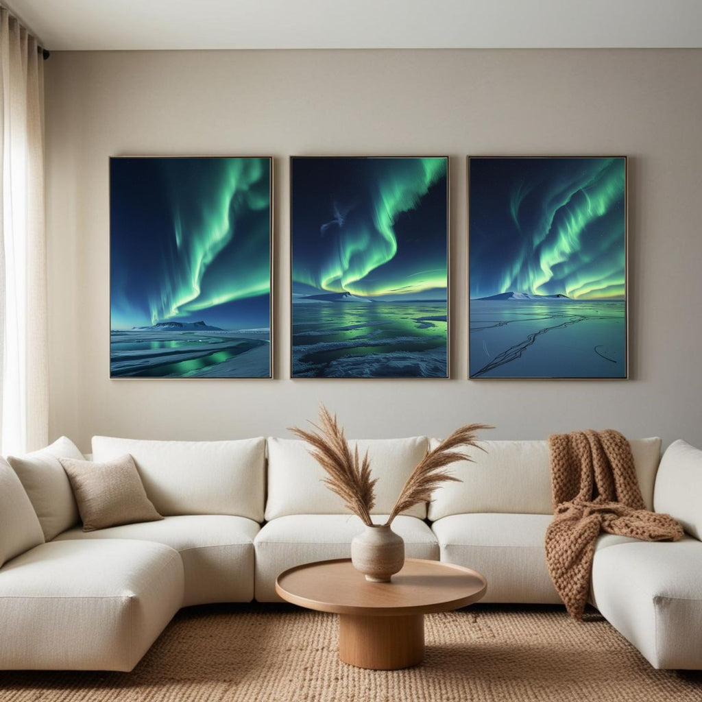 Northern Lights Wall Art Set of 3 | Aurora Borealis Landscape Prints | Arctic Night Sky Decor | Digital Download
