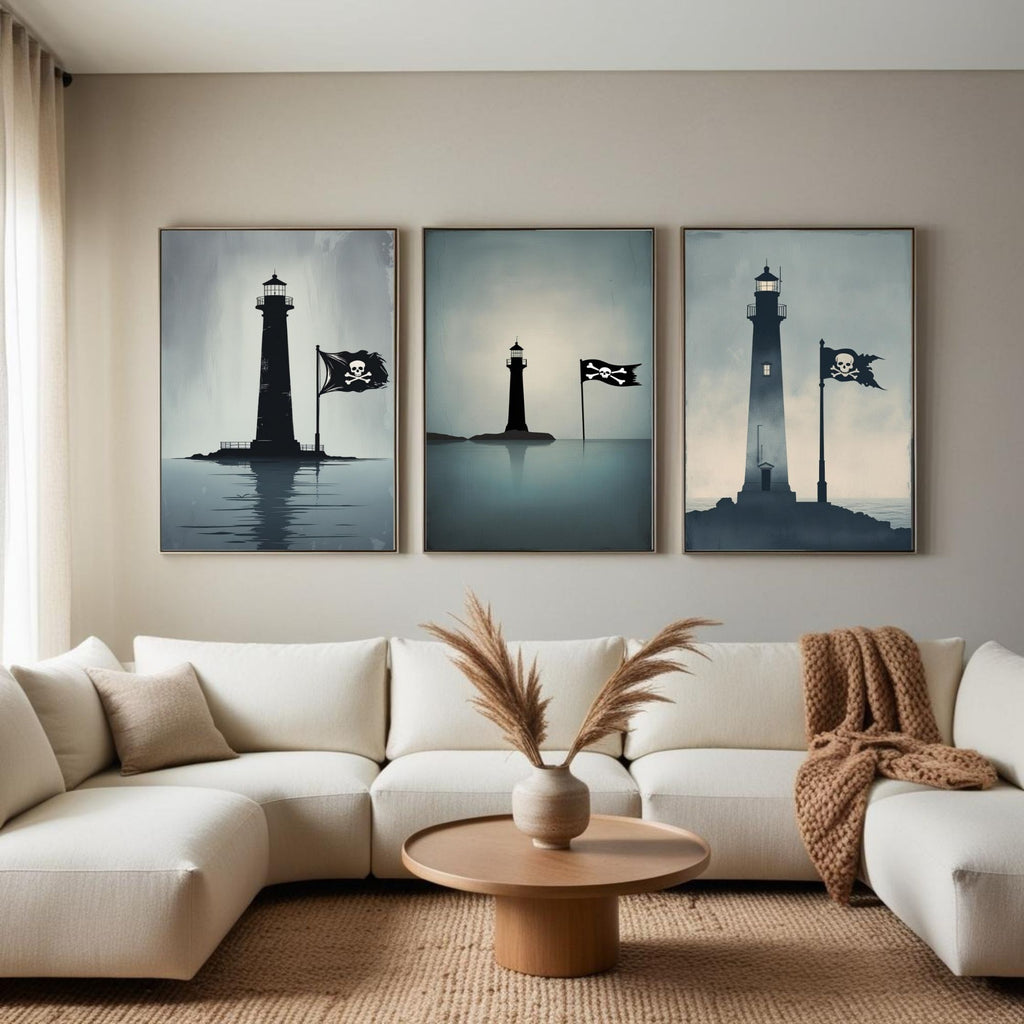 Pirate Lighthouse Wall Art Set of 3 | Nautical Coastal Prints | Maritime Adventure Decor | Digital Download