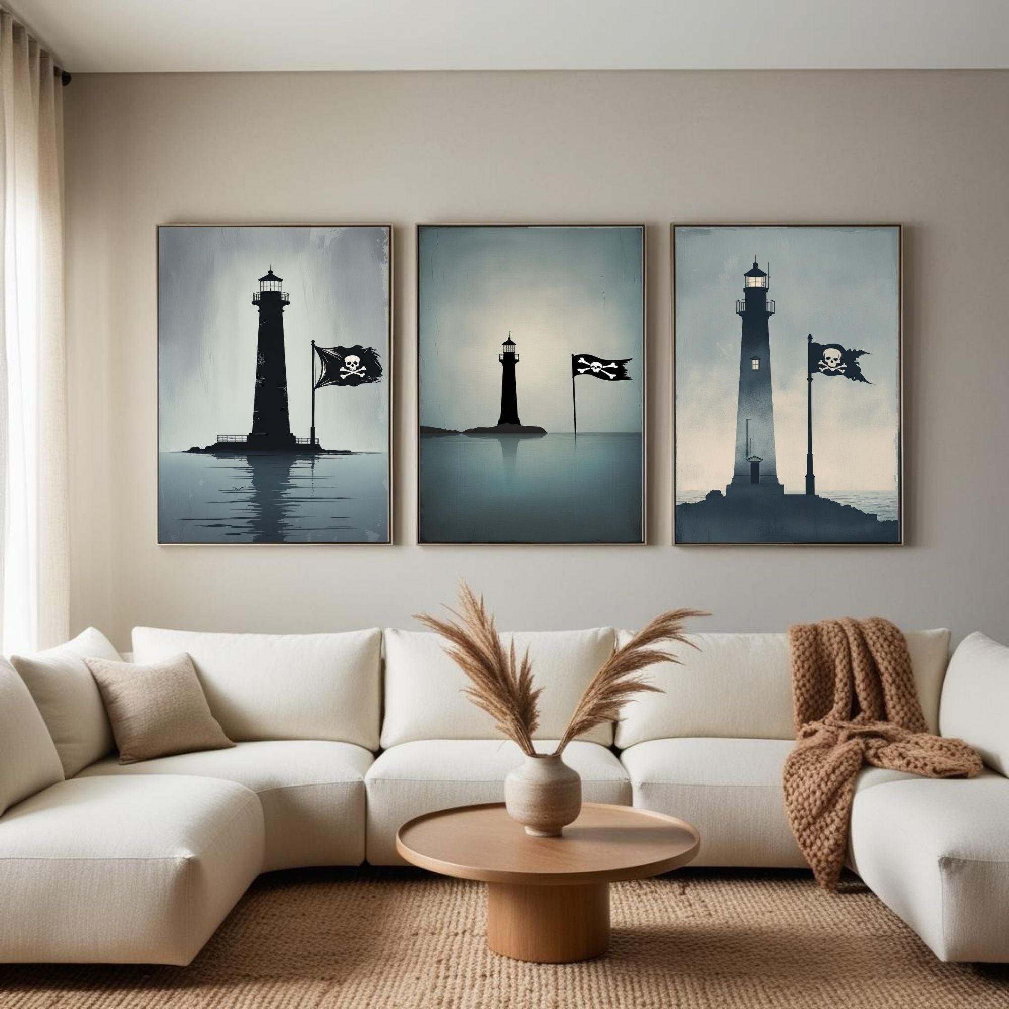 Pirate Lighthouse Wall Art Set of 3 | Nautical Coastal Prints | Maritime Adventure Decor | Digital Download