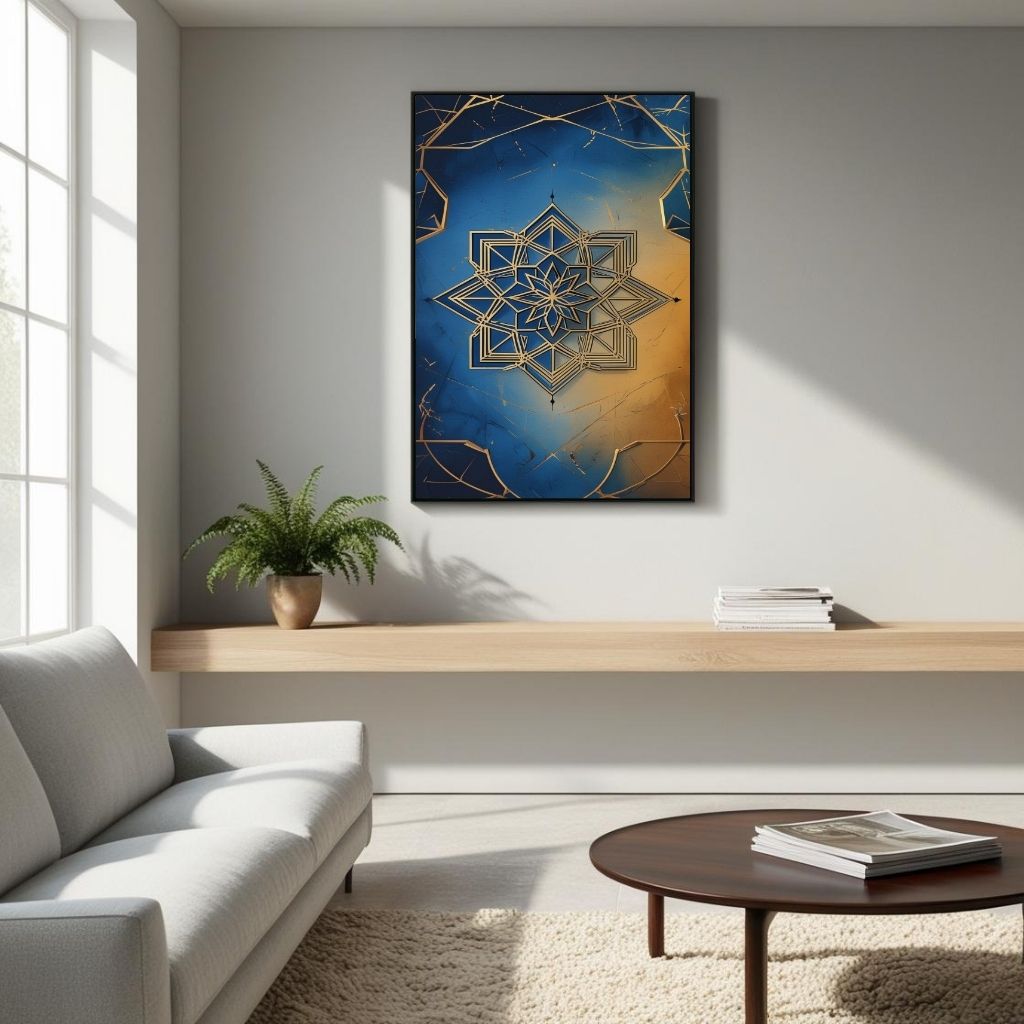 Islamic Geometric Wall Art Blue Gold Mandala Printable Poster