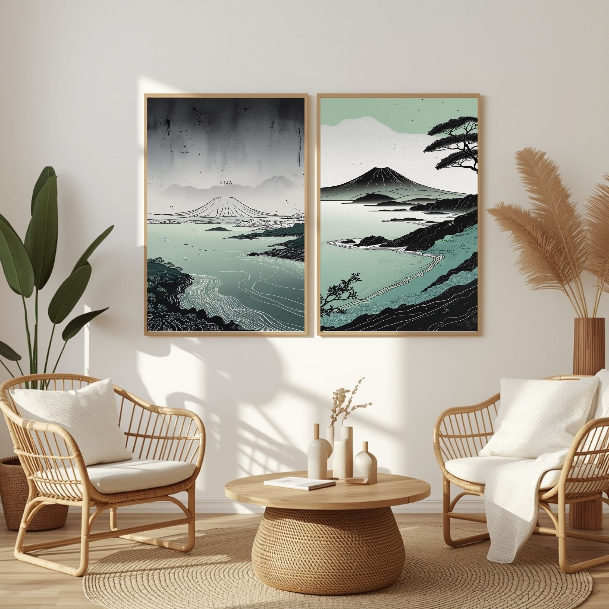 Japanese Landscape Wall Art Set of 2 Mount Fuji Printable Prints