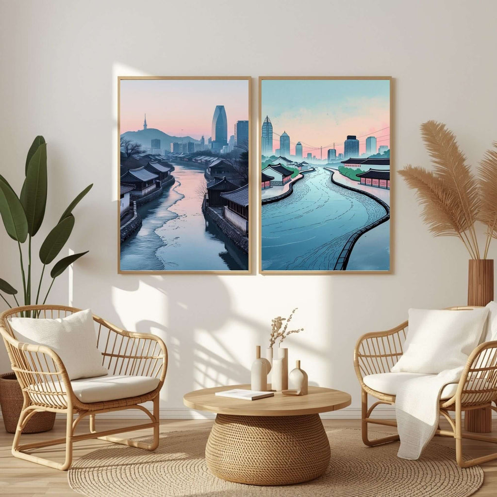 Korean Cityscape Wall Art Set of 2 | Traditional Village & Modern Skyline Prints | Asian Architecture Decor | Seoul Inspired Artwork | Printable Wall Decor