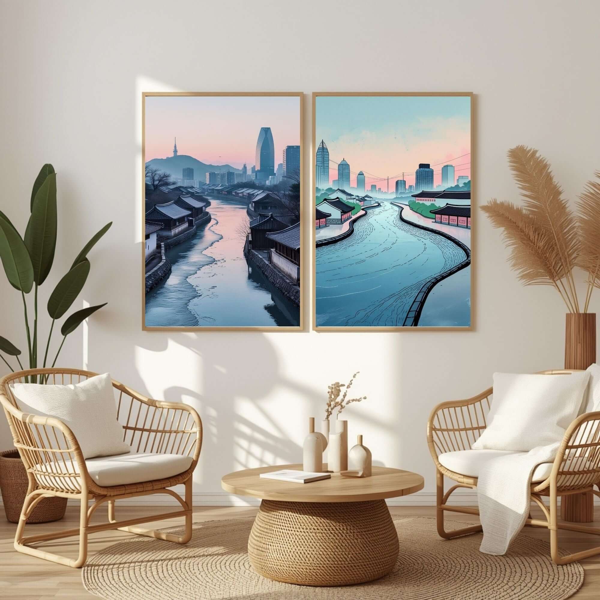Korean Cityscape Wall Art Set of 2 | Traditional Village & Modern Skyline Prints | Asian Architecture Decor | Seoul Inspired Artwork | Printable Wall Decor