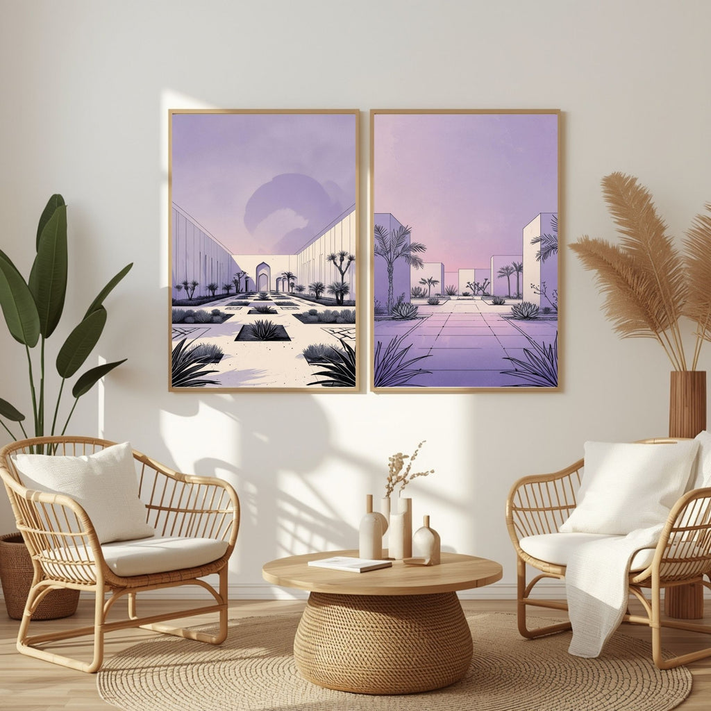 Modern Desert Courtyard Wall Art Set of 2 | Minimalist Architectural Prints | Pastel Lavender Landscape Decor | Contemporary Desert Oasis Artwork | Digital Download