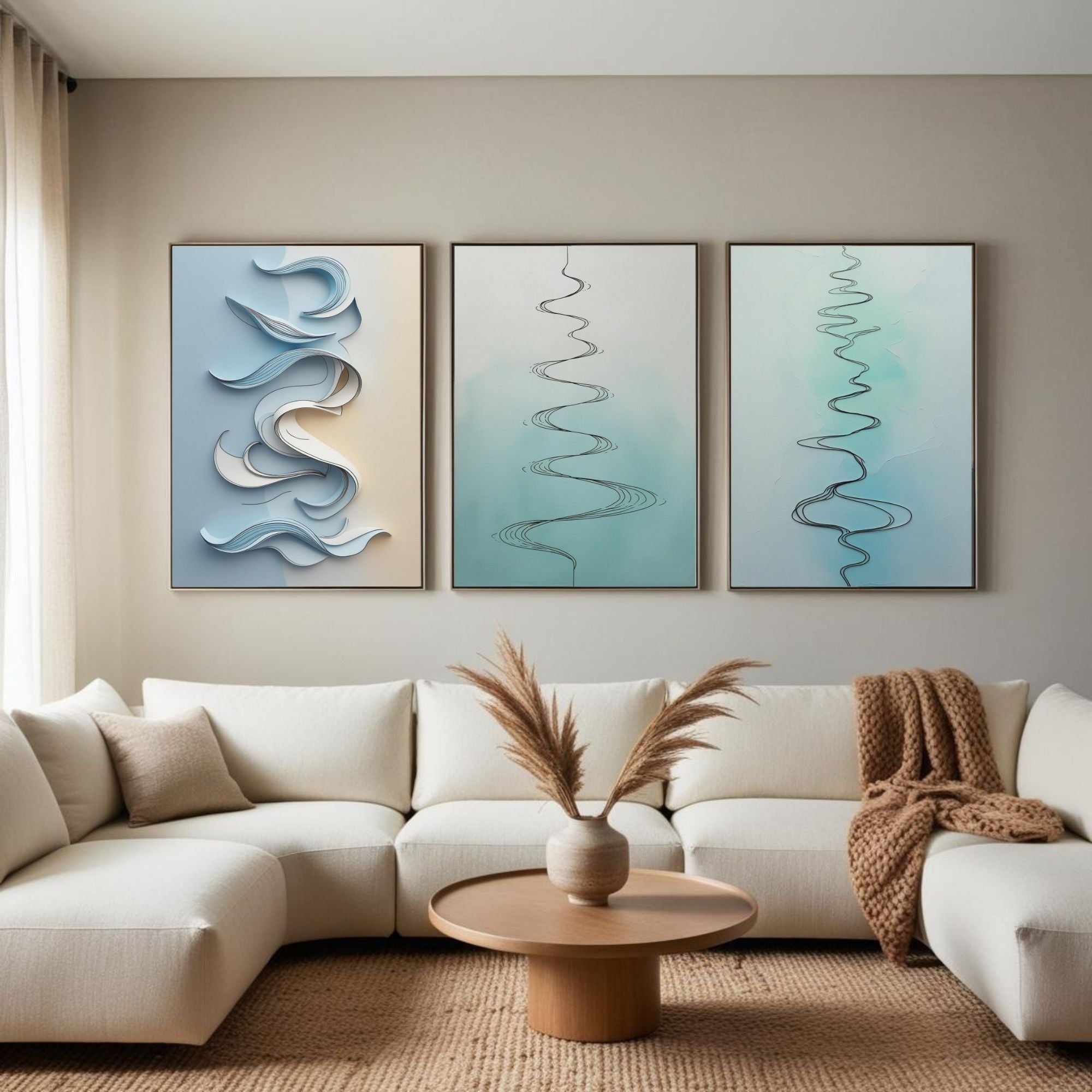 Minimalist Abstract Line Wall Art Set of 3 | Modern Flowing Curves Prints | Scandinavian Contemporary Decor | Digital Download