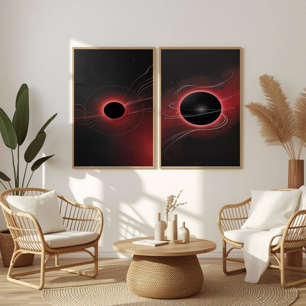 Black Hole Wall Art Set of 2 | Cosmic Eclipse Prints | Abstract Space Artwork | Red and Black Celestial Decor | Modern Astronomy Wall Art | Digital Download