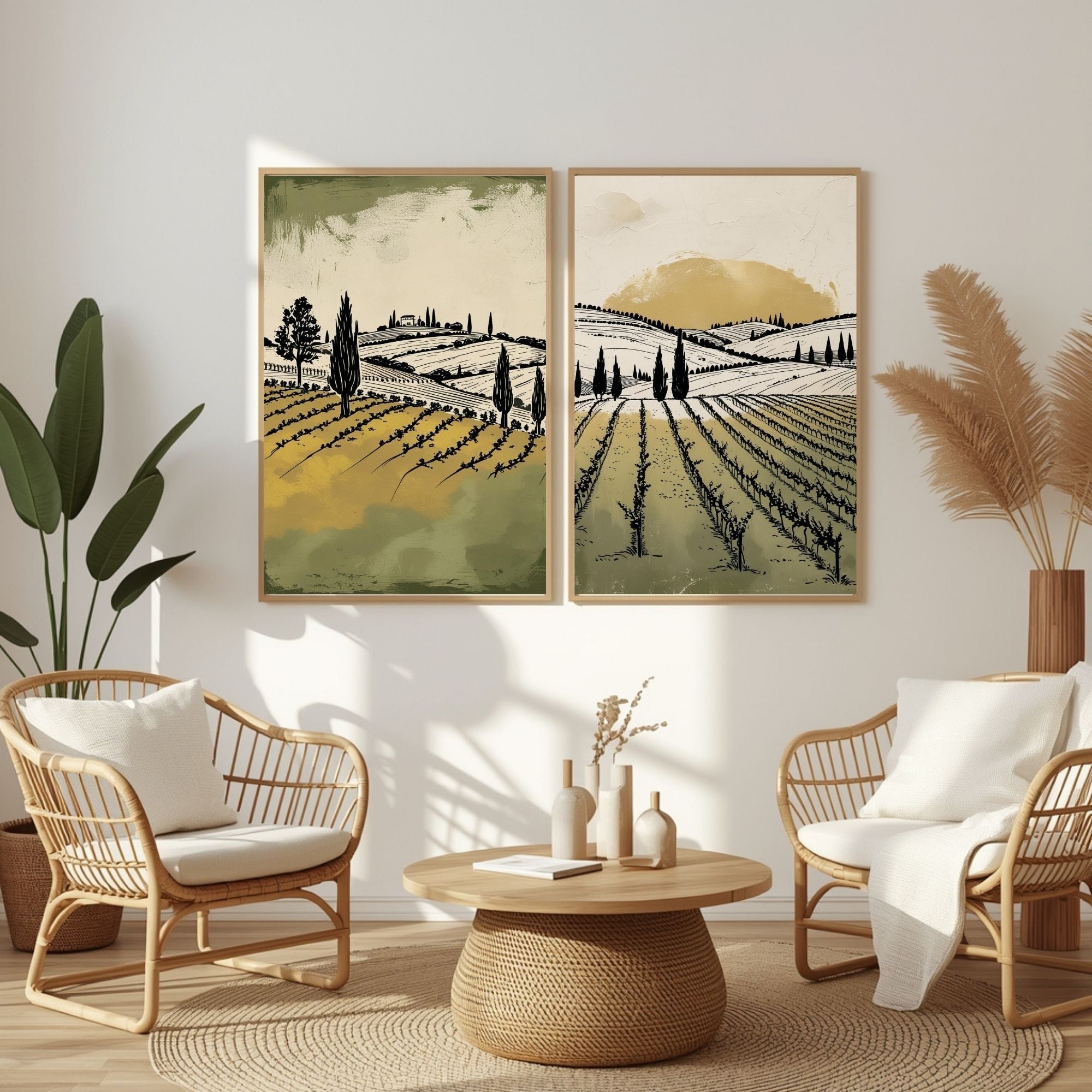 Tuscan Vineyard Wall Art Set of 2 | Italian Countryside Prints | Rustic Farm Landscape Decor | Vintage Vineyard Artwork | Neutral Green Beige Wall Art | Digital Download
