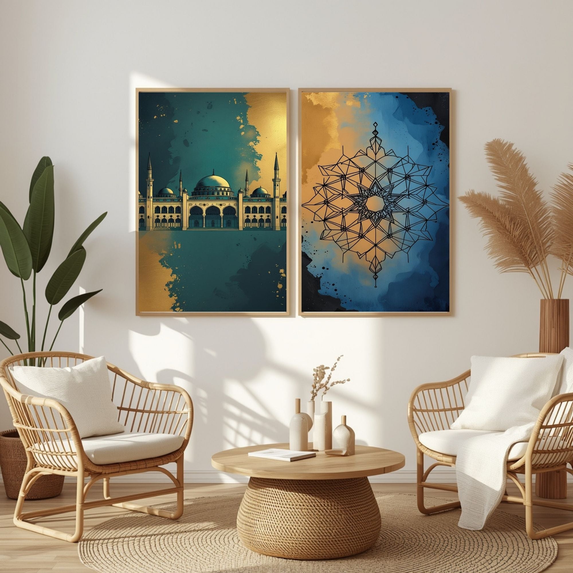 Islamic Wall Art Set of 2 | Mosque & Geometric Mandala Prints | Modern Muslim Home Decor | Blue Gold Islamic Artwork | Ramadan Eid Wall Art Printable