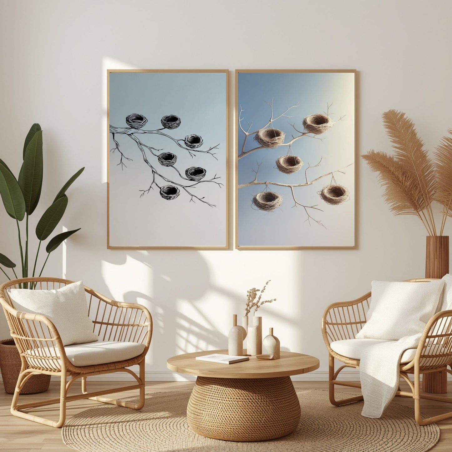Bird Nest Wall Art Set of 2 Printable, Botanical Branch Prints, Rustic Nature Home Decor, Digital Download