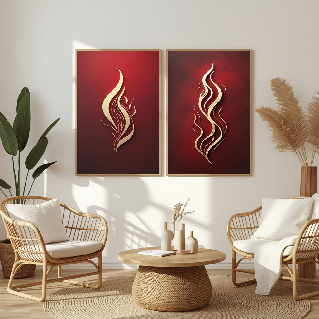 Red & Gold Abstract Flame Wall Art Set of 2 | Modern Fire Artwork | Luxury Red Minimalist Prints | Contemporary Abstract Decor | Burgundy Gold Wall Art | Digital Download