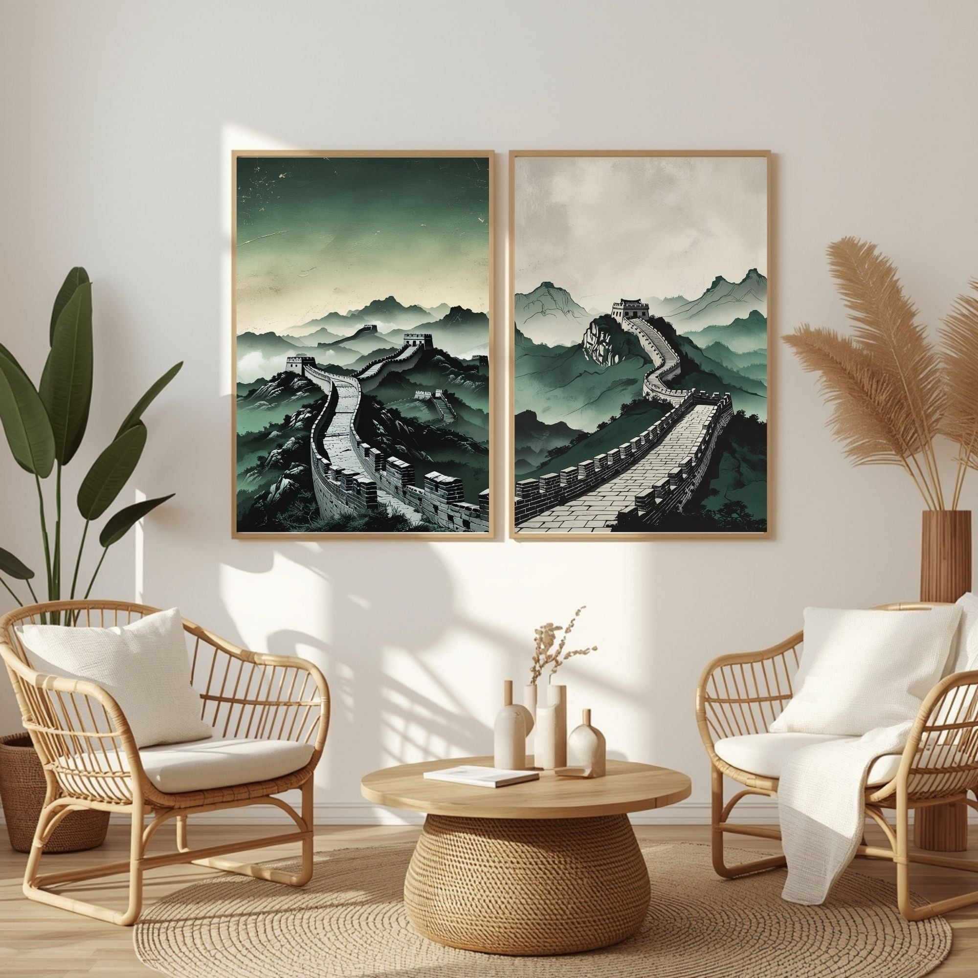 Great Wall of China Wall Art Set of 2 | Asian Landscape Prints | Chinese Architecture Decor | Oriental Mountain Artwork | Minimalist Travel Wall Art | Printable Decor
