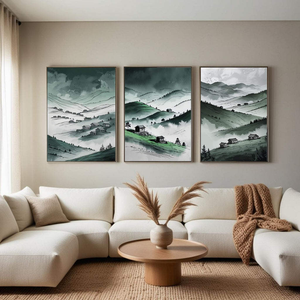 Green Mountain Valley Wall Art Set of 3 | Misty Hills Landscape Prints | Rustic Countryside Decor | Digital Download