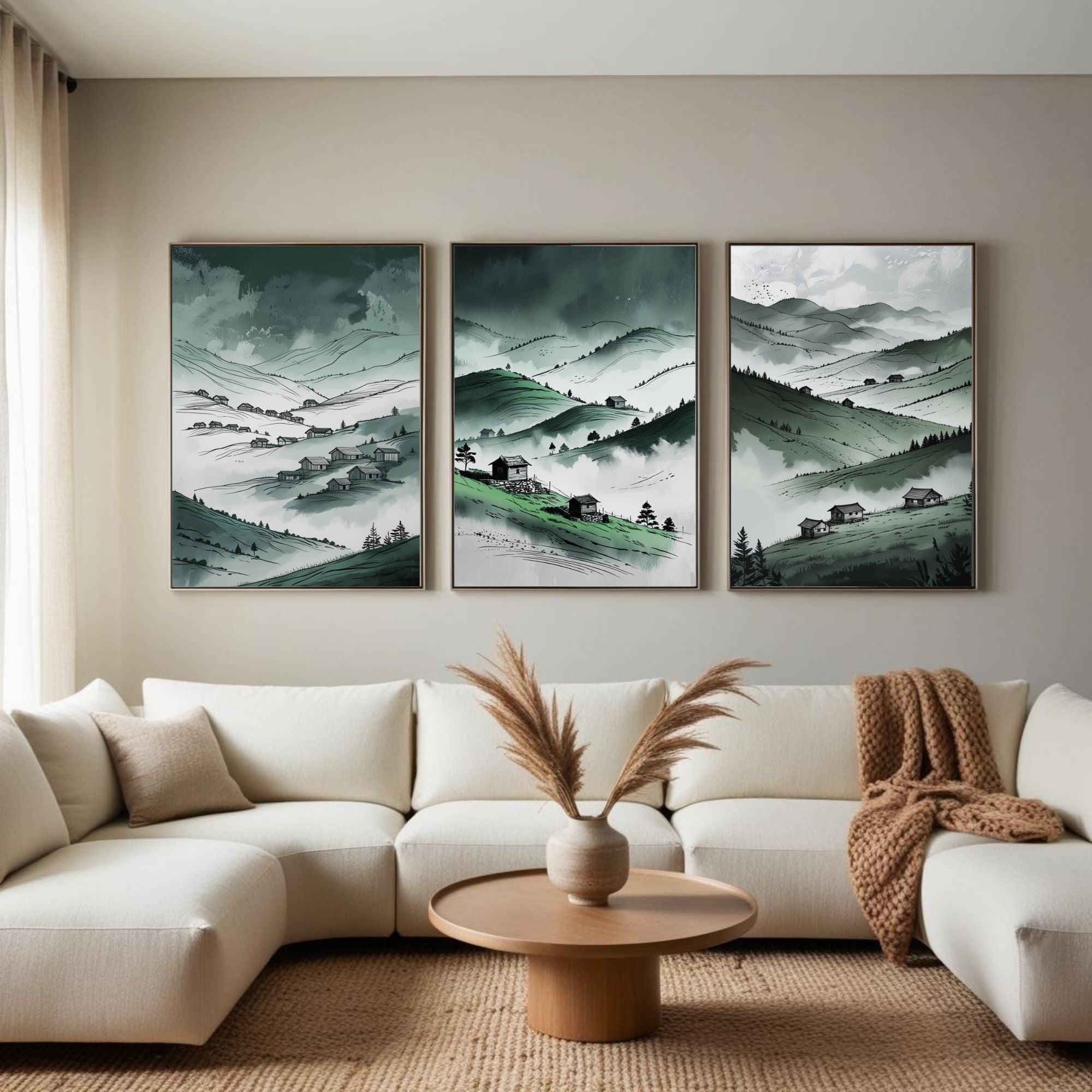 Green Mountain Valley Wall Art Set of 3 | Misty Hills Landscape Prints | Rustic Countryside Decor | Digital Download