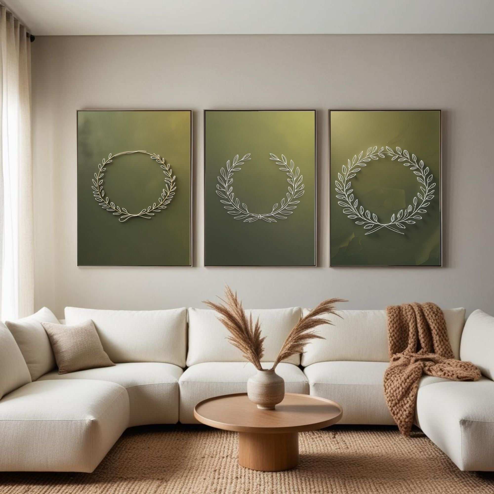 Botanical Laurel Wreath Wall Art Set of 3 | Minimalist Nature Printable Art | Olive Branch Line Drawing Decor | Sage Green Wall Art | Modern Botanical Poster Set | Digital Download