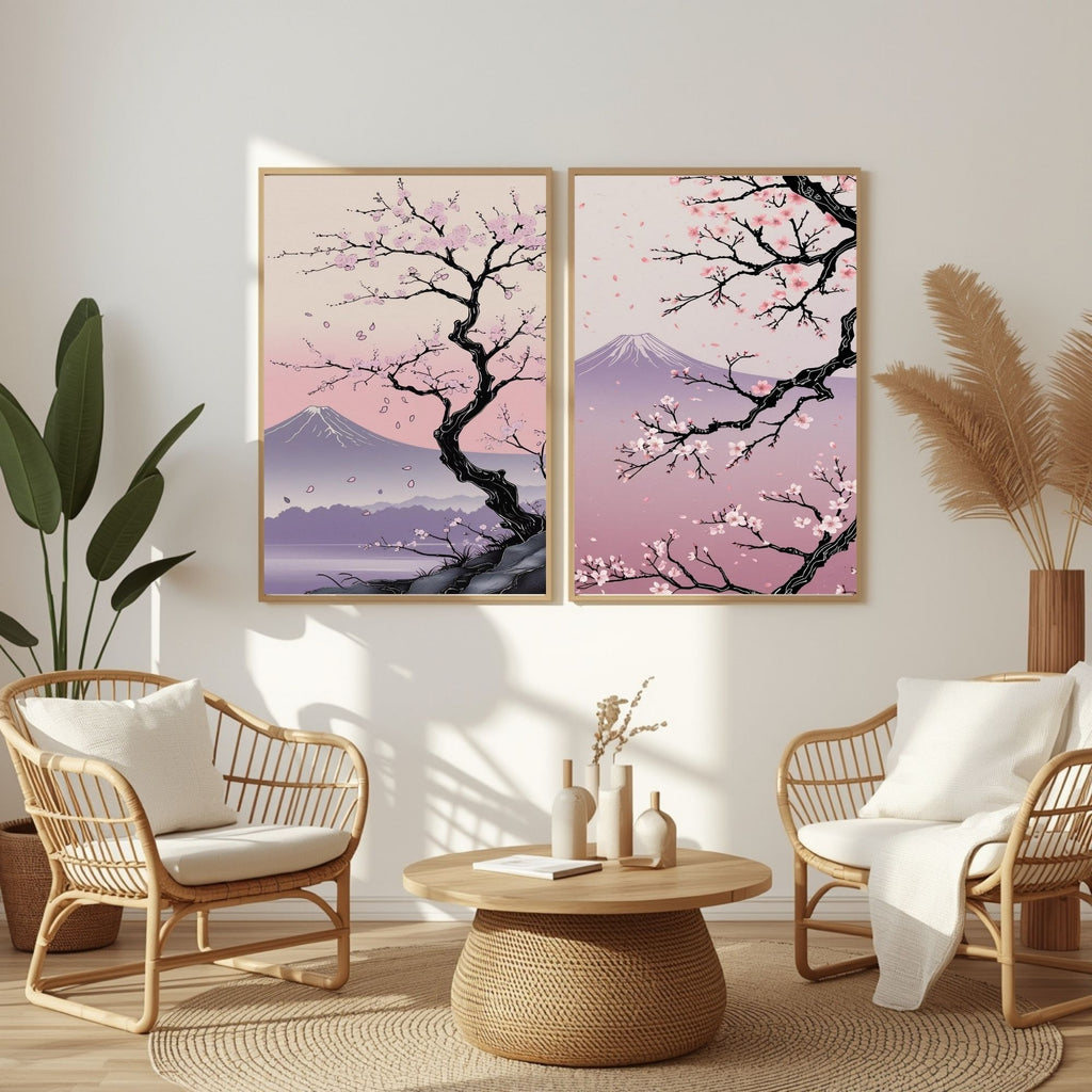 Japanese Cherry Blossom Wall Art Set of 2 | Sakura Tree Prints | Mount Fuji Landscape Decor | Pink Japanese Wall Art | Zen Nature Artwork | Digital Download