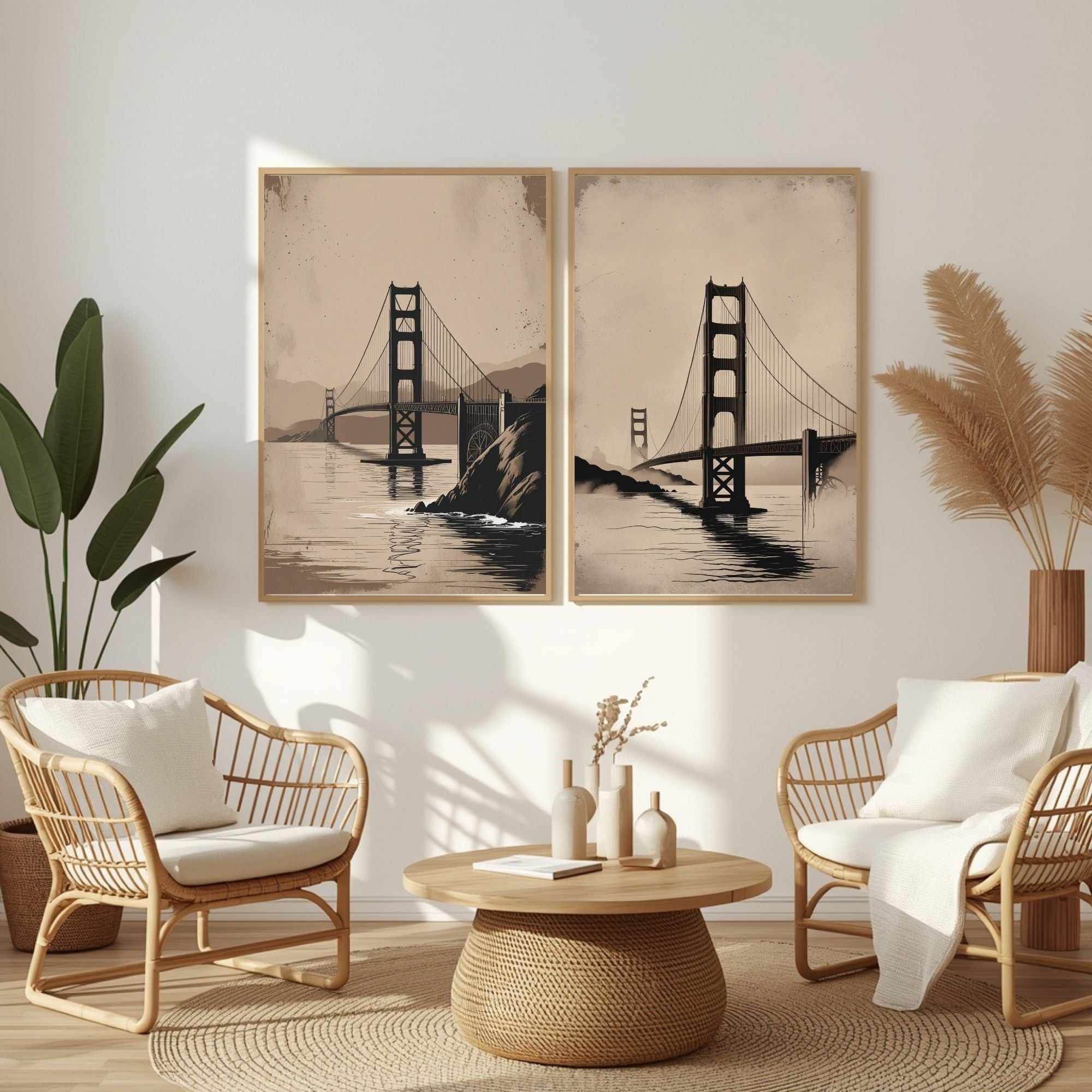 Golden Gate Bridge Wall Art Set of 2 | San Francisco Landmark Prints | Vintage Travel Poster Decor | Minimalist Coastal Landscape Art | Neutral Beige Wall Decor | Digital Download