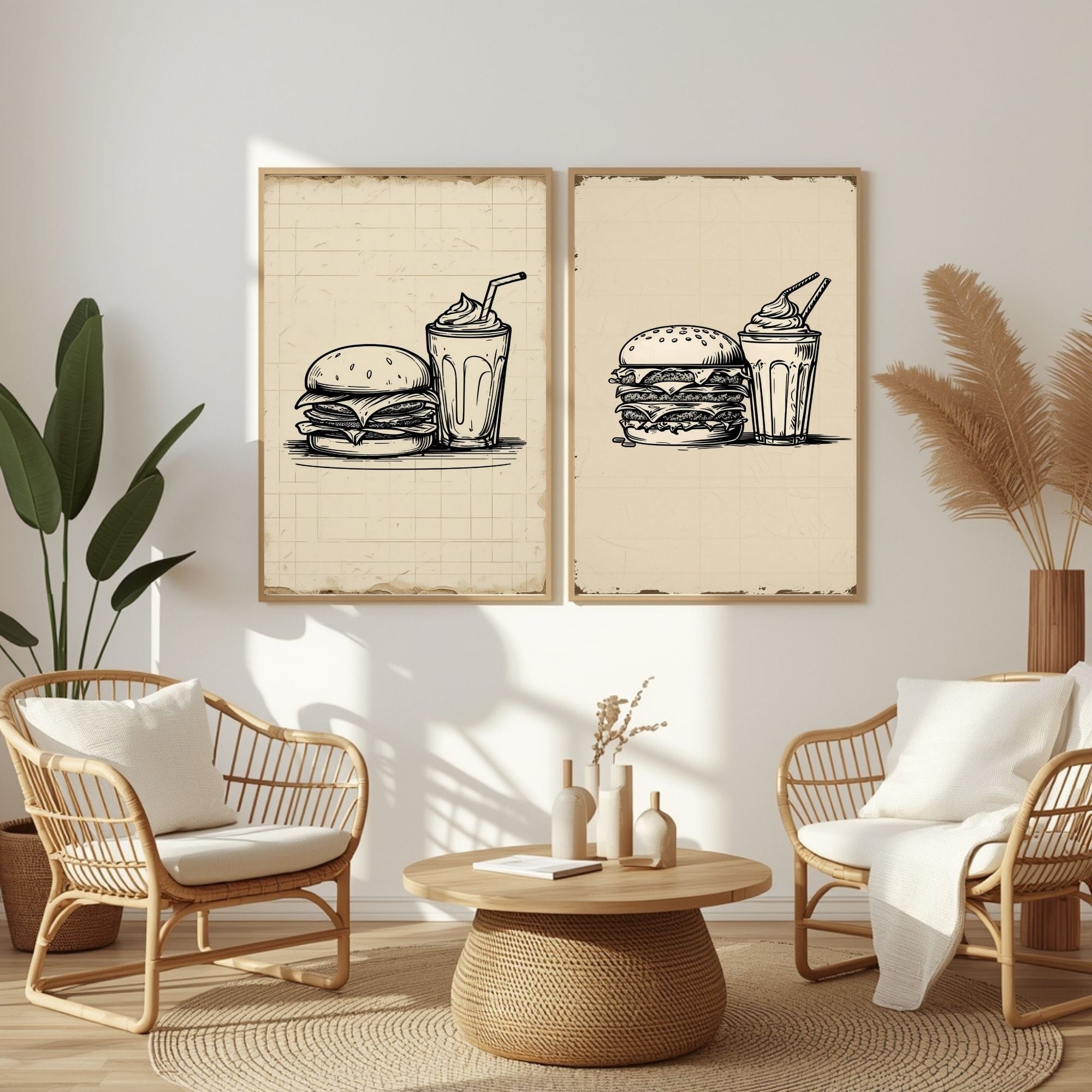 Burger & Milkshake Wall Art Set of 2 | Retro Fast Food Kitchen Prints | Vintage Restaurant Decor | Minimalist Food Poster Set | Printable Dining Room Artwork