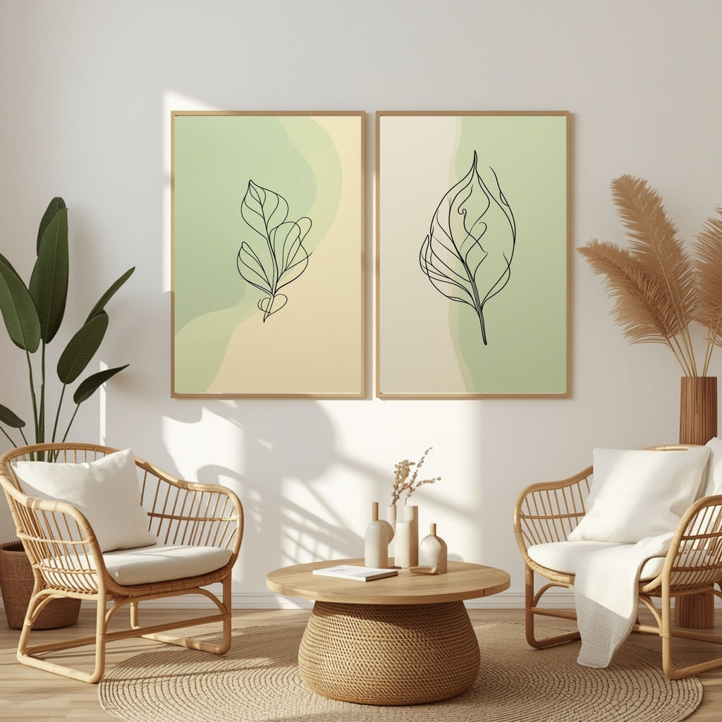 Minimalist Leaf Wall Art Set of 2 Botanical Line Art Prints