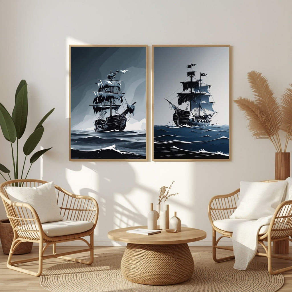 Pirate Ship Wall Art Set of 2 Vintage Nautical Prints