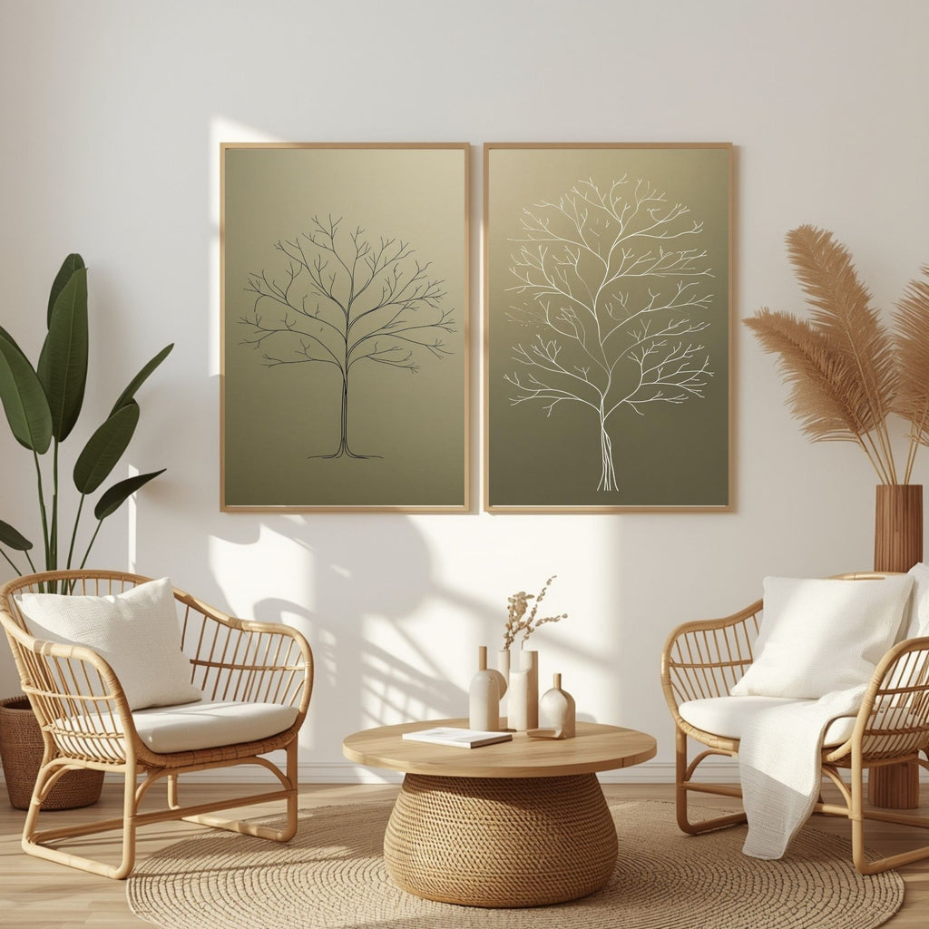 Minimalist Tree Wall Art Set of 2 Scandinavian Botanical Prints