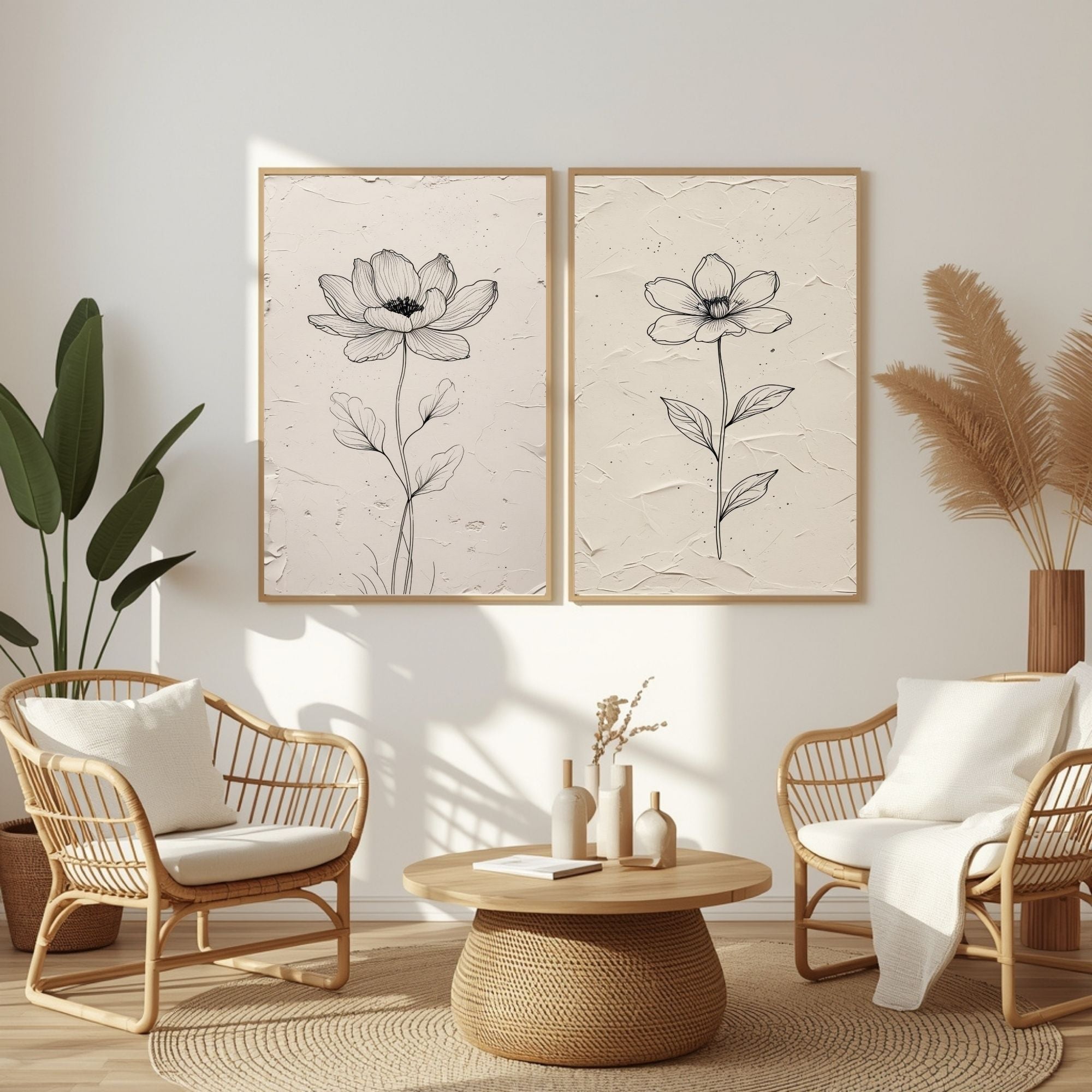 Minimalist Botanical Flower Wall Art Set of 2 | Black and White Floral Line Drawing Prints | Neutral Modern Flower Decor | Scandinavian Botanical Artwork | Printable Wall Art