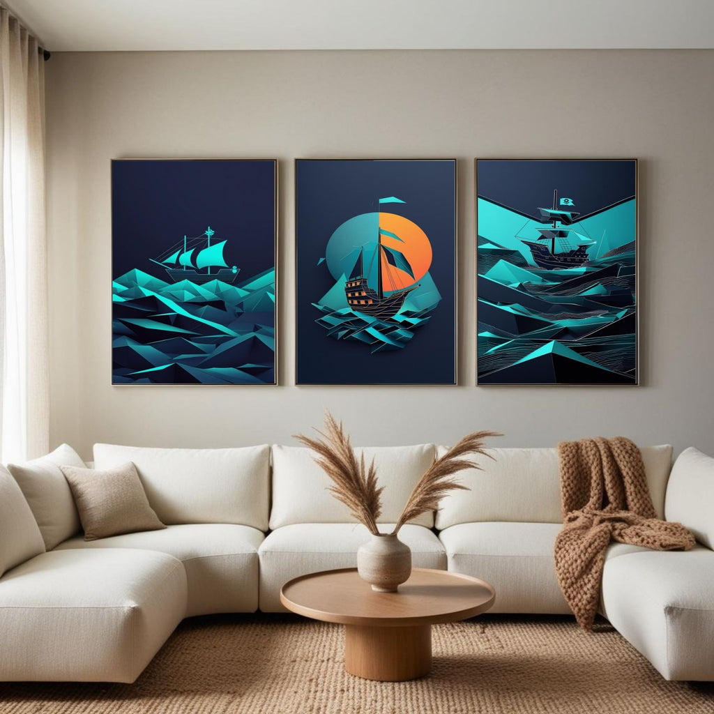 Geometric Pirate Ship Wall Art Set of 3 | Modern Nautical Printable Art | Abstract Sailing Ship Decor | Ocean Adventure Wall Art | Coastal Home Decor | Digital Download