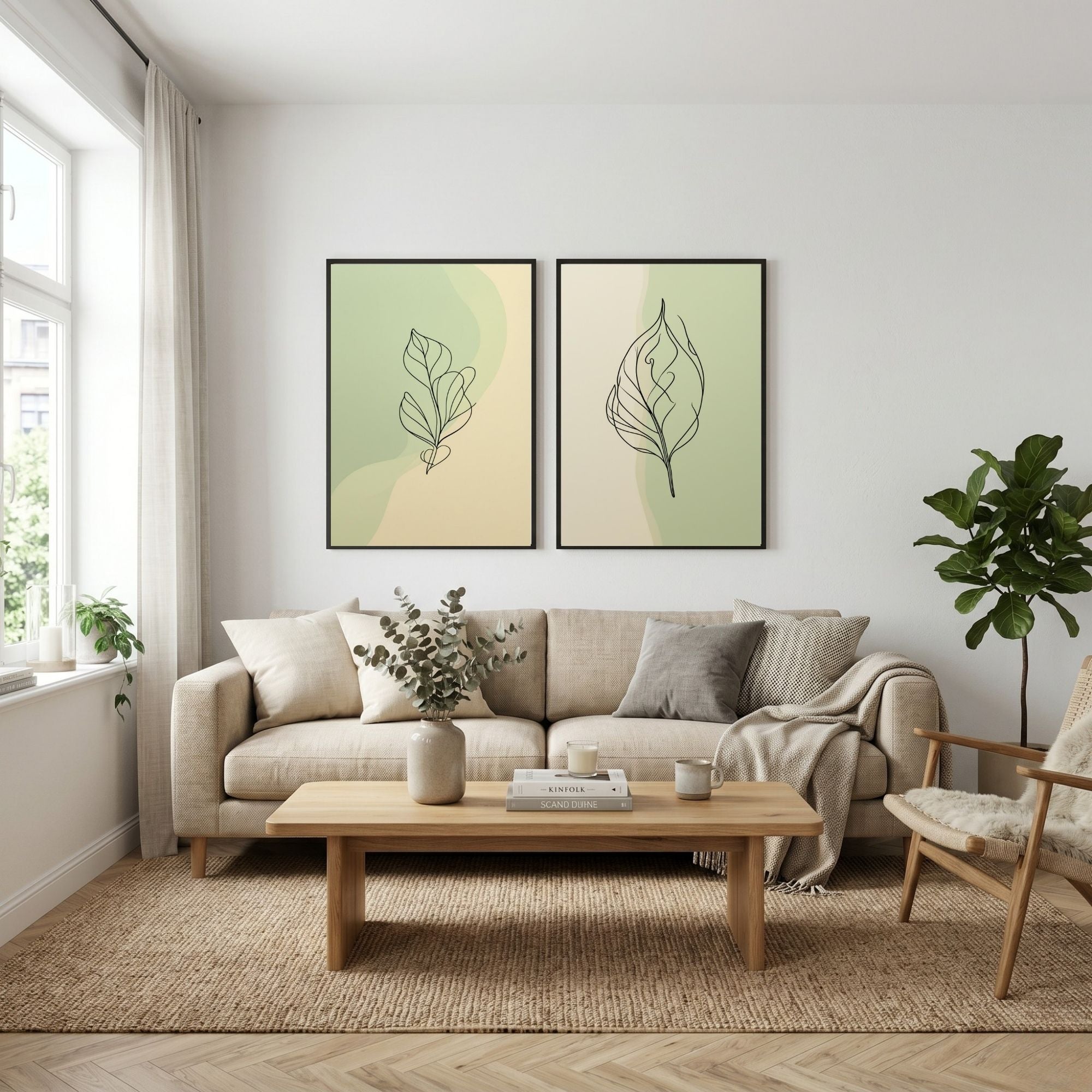 Minimalist Leaf Wall Art Set of 2 Botanical Line Art Prints