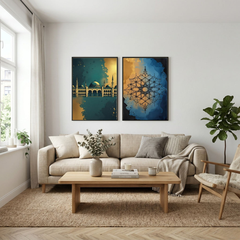 Islamic Wall Art Set of 2 | Mosque & Geometric Mandala Prints | Modern Muslim Home Decor | Blue Gold Islamic Artwork | Ramadan Eid Wall Art Printable