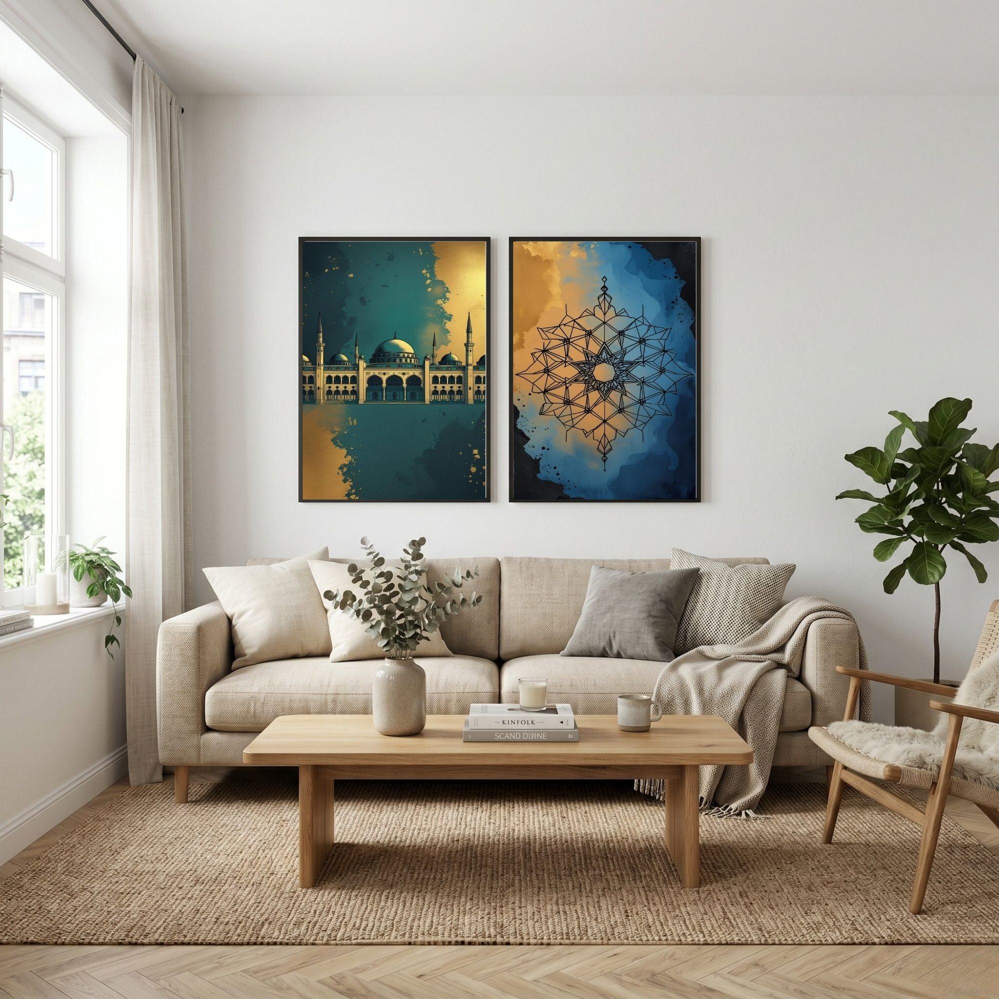 Islamic Wall Art Set of 2 | Mosque & Geometric Mandala Prints | Modern Muslim Home Decor | Blue Gold Islamic Artwork | Ramadan Eid Wall Art Printable