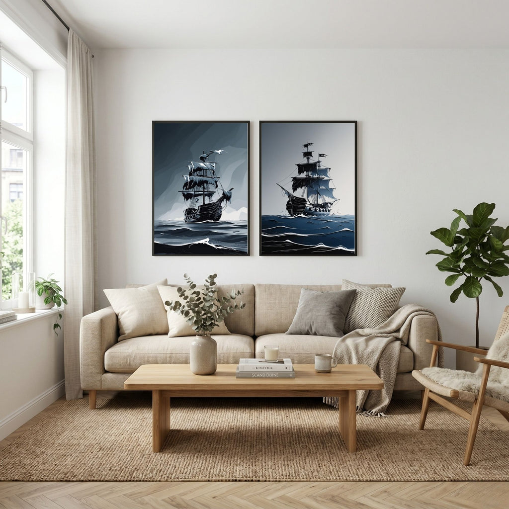 Pirate Ship Wall Art Set of 2 Vintage Nautical Prints