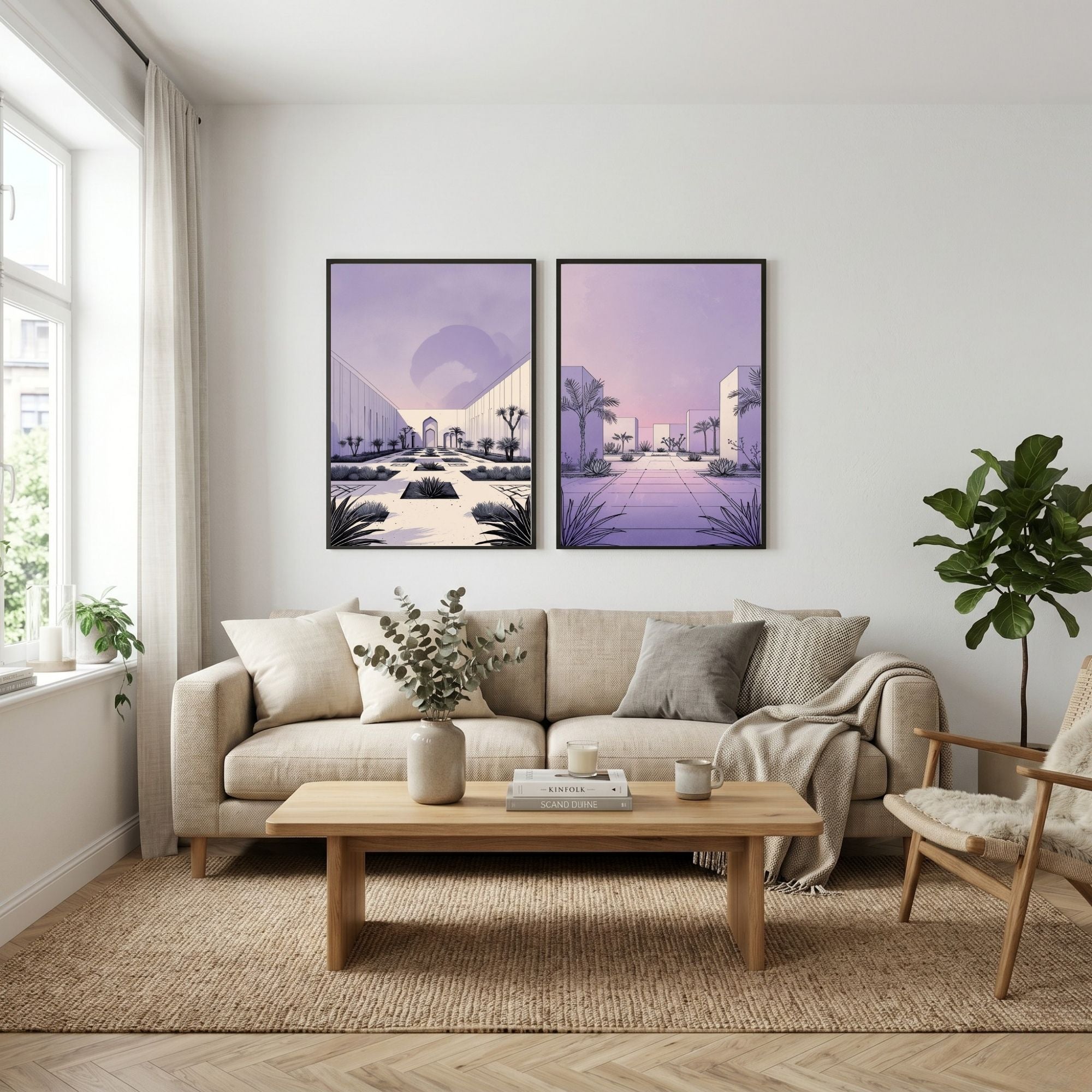 Modern Desert Courtyard Wall Art Set of 2 | Minimalist Architectural Prints | Pastel Lavender Landscape Decor | Contemporary Desert Oasis Artwork | Digital Download