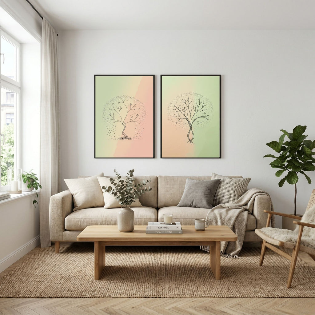 Minimalist Tree Wall Art Set of 2 | Abstract Botanical Tree Prints | Pastel Green & Blush Pink Decor | Scandinavian Nature Art | Modern Organic Wall Decor | Digital Download