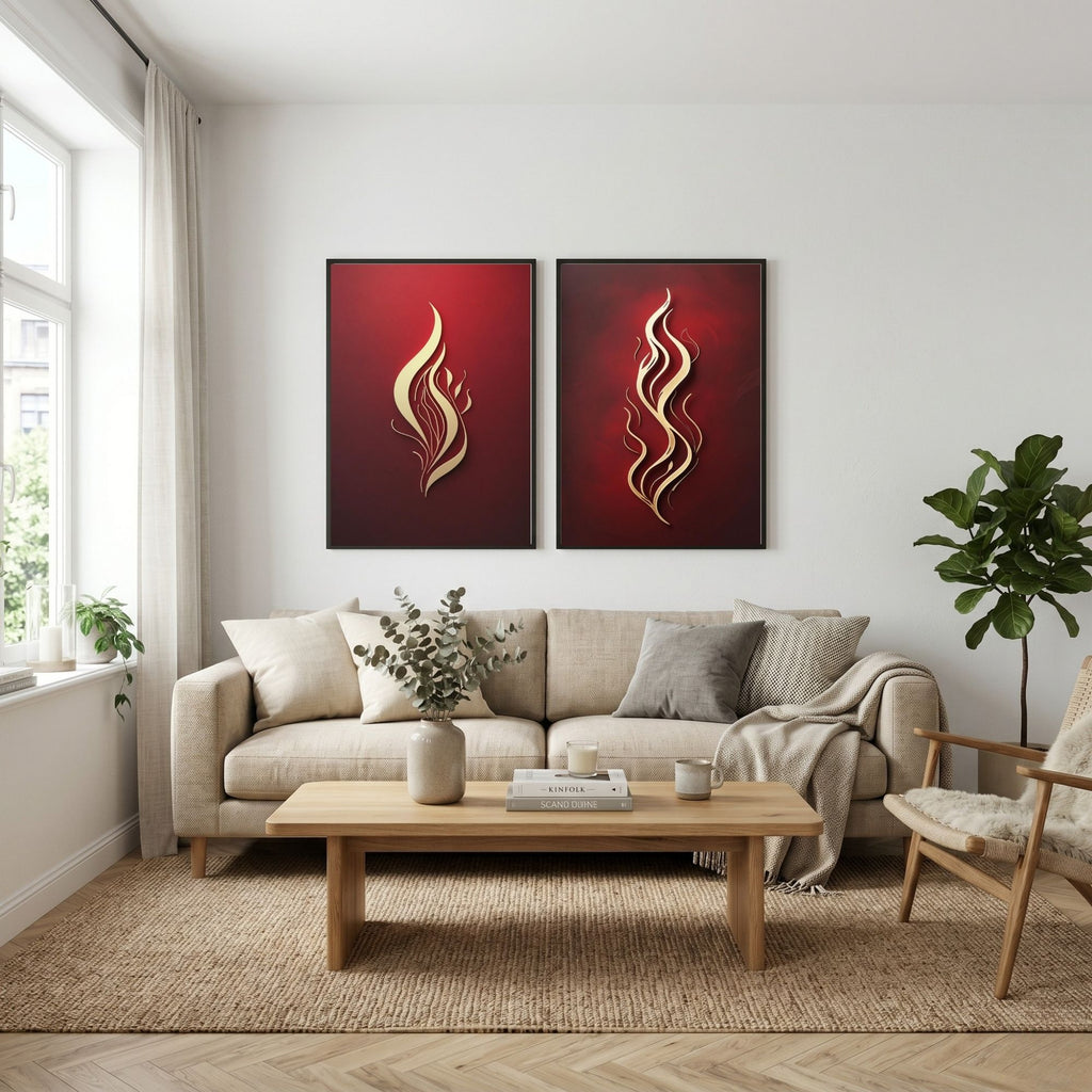 Red & Gold Abstract Flame Wall Art Set of 2 | Modern Fire Artwork | Luxury Red Minimalist Prints | Contemporary Abstract Decor | Burgundy Gold Wall Art | Digital Download