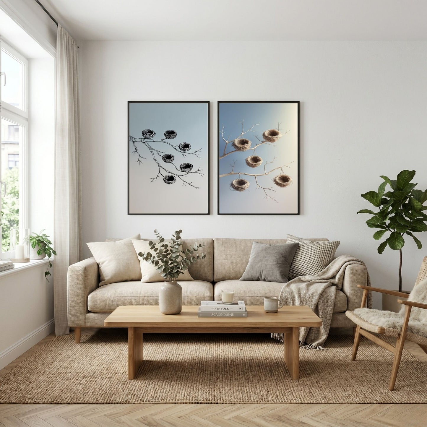 Bird Nest Wall Art Set of 2 Printable, Botanical Branch Prints, Rustic Nature Home Decor, Digital Download
