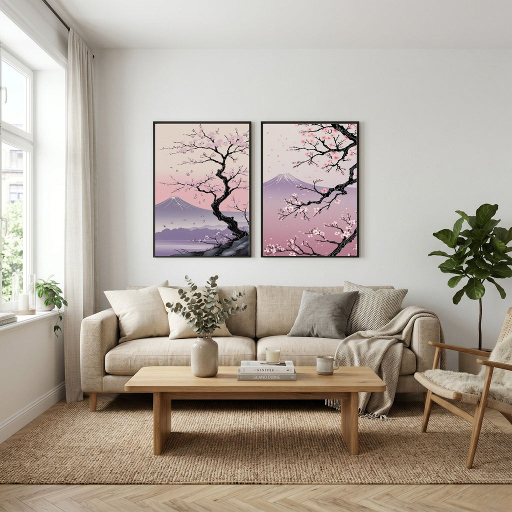 Japanese Cherry Blossom Wall Art Set of 2 | Sakura Tree Prints | Mount Fuji Landscape Decor | Pink Japanese Wall Art | Zen Nature Artwork | Digital Download