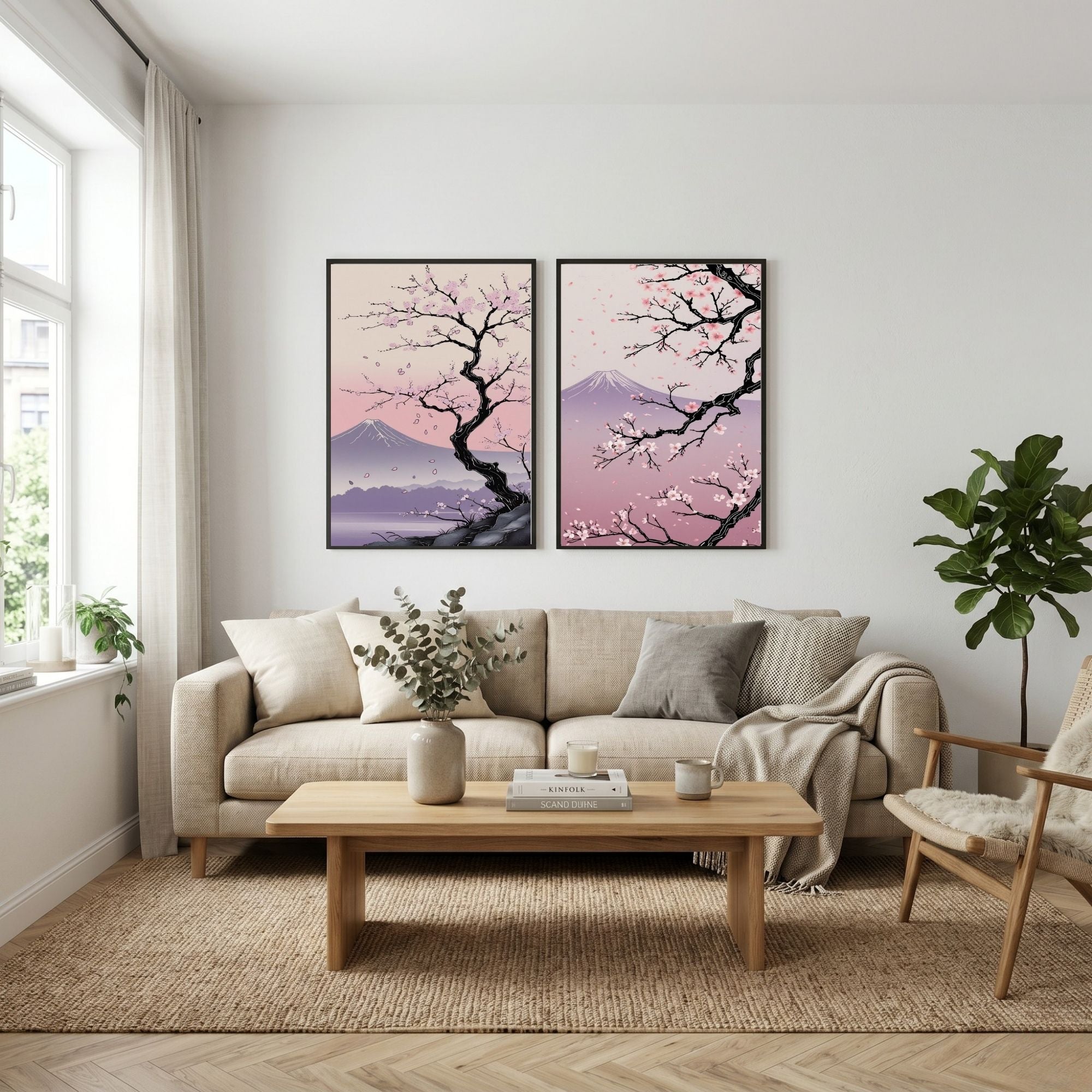 Japanese Cherry Blossom Wall Art Set of 2 | Sakura Tree Prints | Mount Fuji Landscape Decor | Pink Japanese Wall Art | Zen Nature Artwork | Digital Download