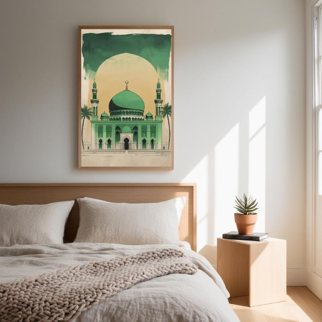 Islamic Wall Art Printable, Green Mosque Architecture Poster, Modern Mosque Wall Decor, Islamic Digital Print, Digital Download