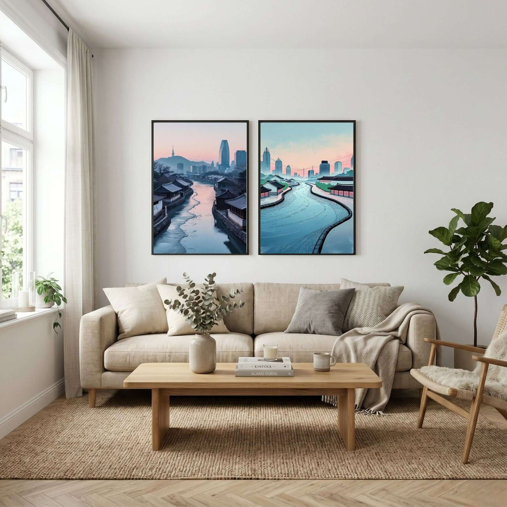 Korean Cityscape Wall Art Set of 2 | Traditional Village & Modern Skyline Prints | Asian Architecture Decor | Seoul Inspired Artwork | Printable Wall Decor