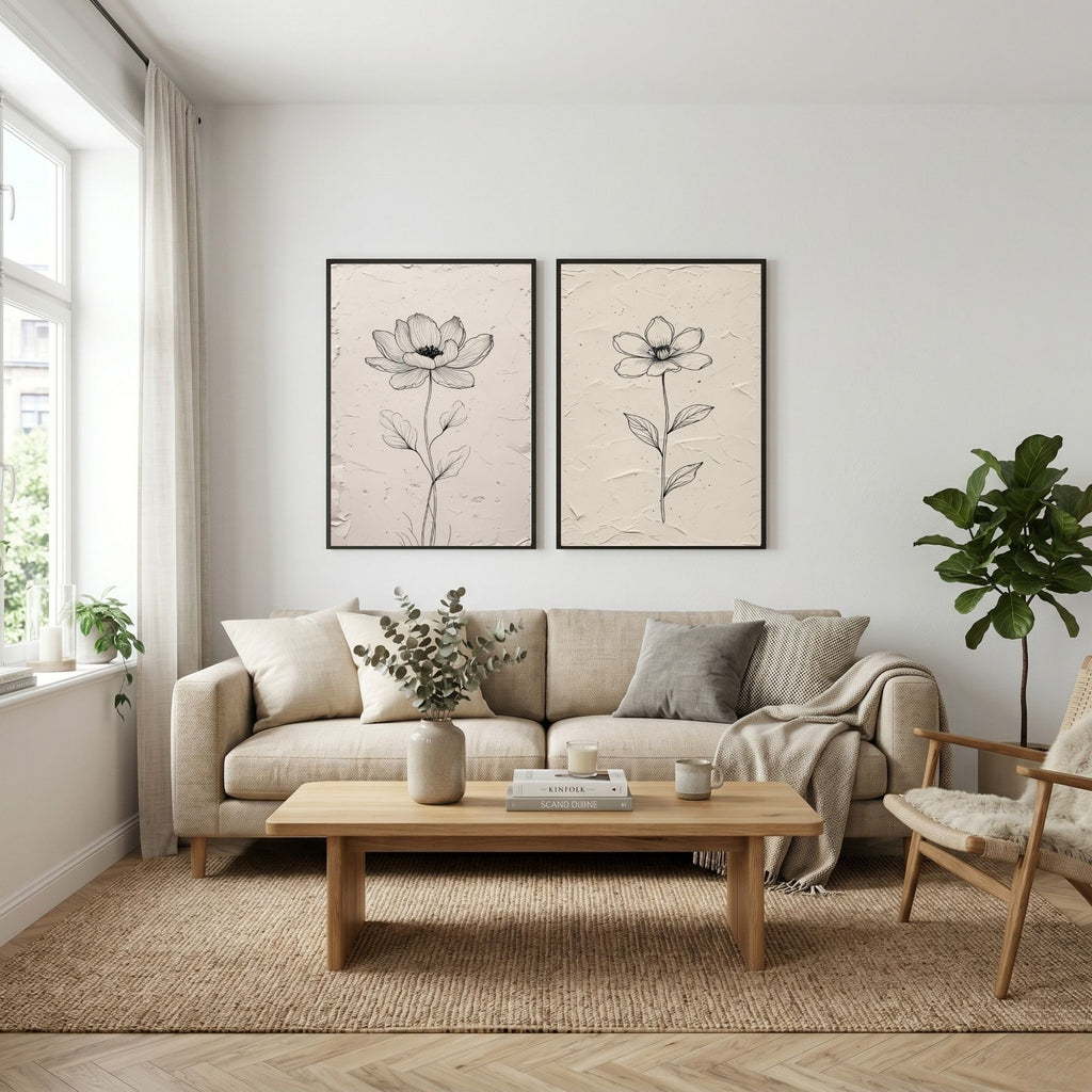 Minimalist Botanical Flower Wall Art Set of 2 | Black and White Floral Line Drawing Prints | Neutral Modern Flower Decor | Scandinavian Botanical Artwork | Printable Wall Art