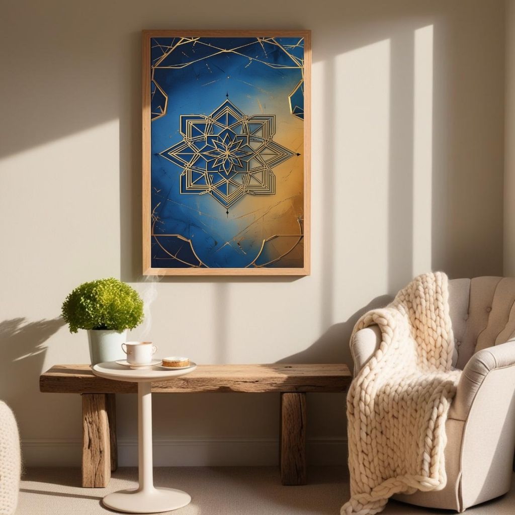 Islamic Geometric Wall Art Blue Gold Mandala Printable Poster