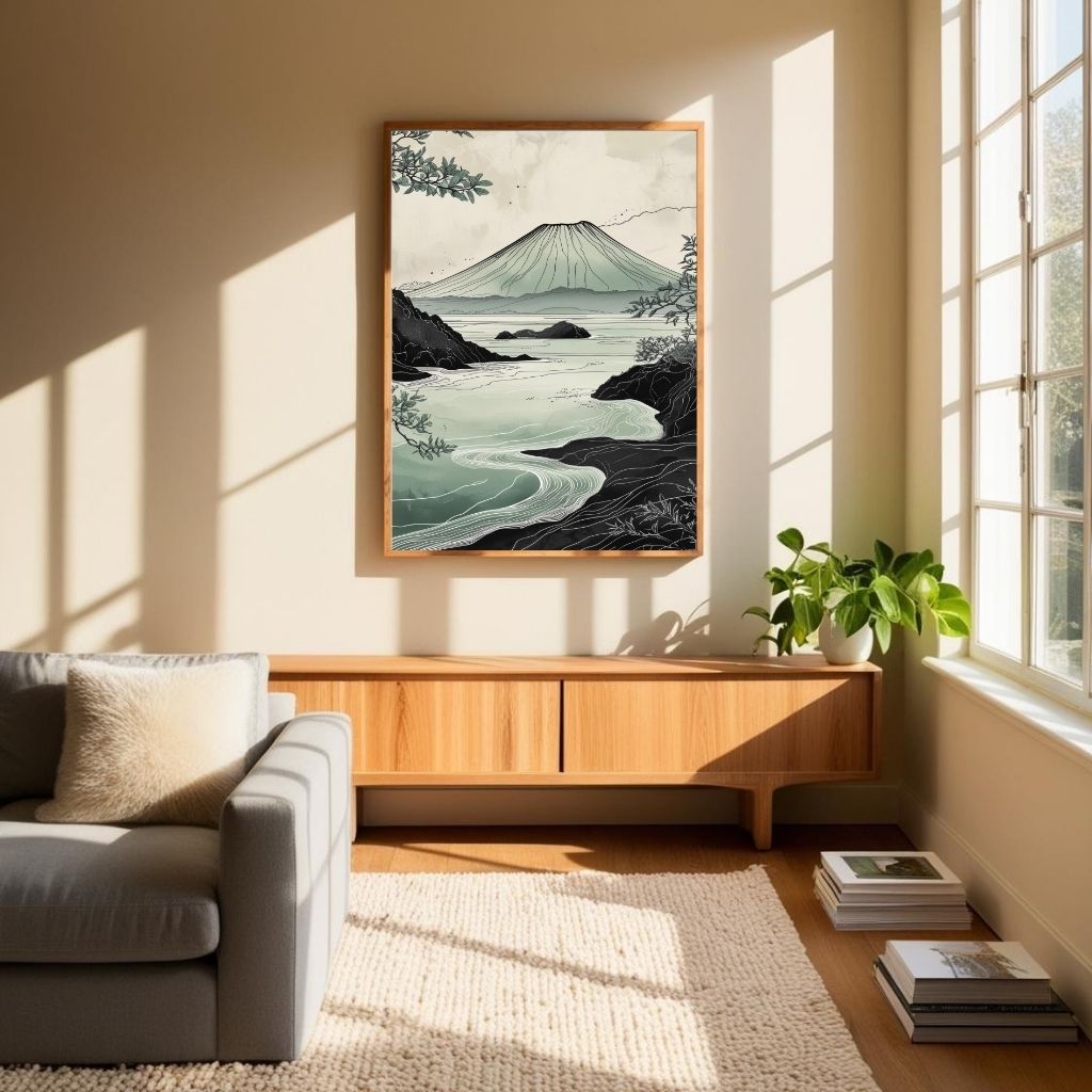 Japanese Mountain Landscape Wall Art | Minimalist Nature Print | Zen Coastal Decor | Digital Download