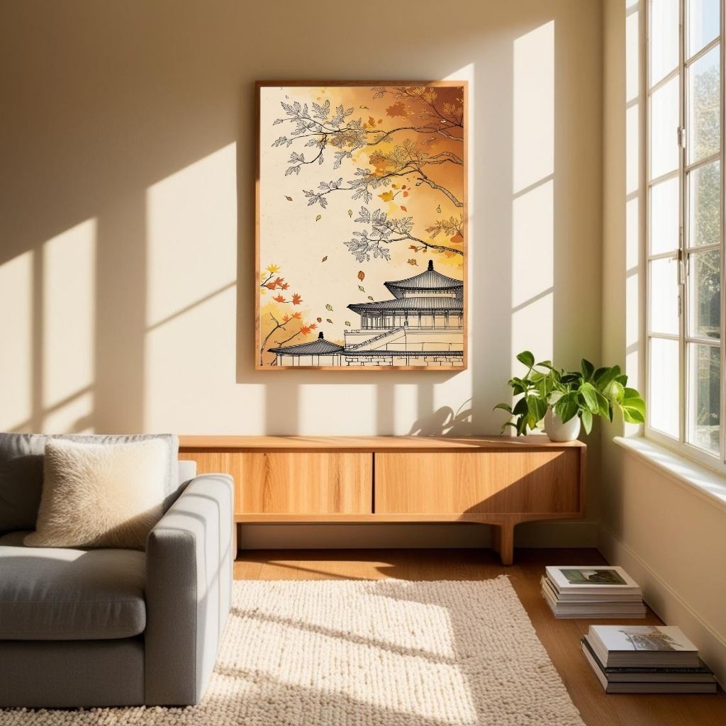 Japanese Temple Wall Art Printable, Autumn Pagoda Poster, Asian Landscape Decor, Zen Architecture Print, Digital Download Print