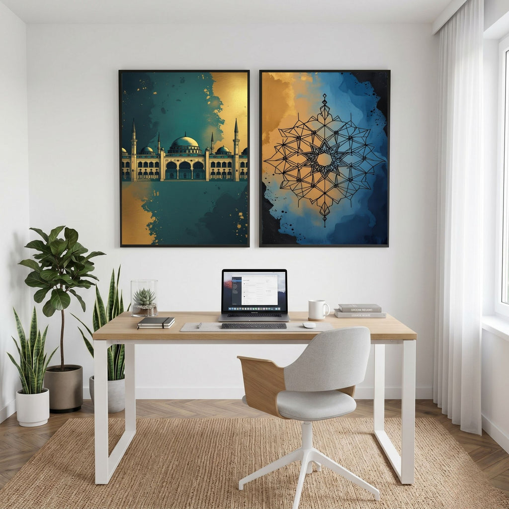 Islamic Wall Art Set of 2 | Mosque & Geometric Mandala Prints | Modern Muslim Home Decor | Blue Gold Islamic Artwork | Ramadan Eid Wall Art Printable